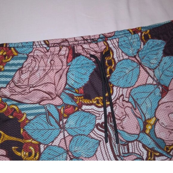NWT Mens CROOKS & CASTLES Gym Shorts 3XL Pink Roses Turquoise Elastic Waist - Picture 5 of 14